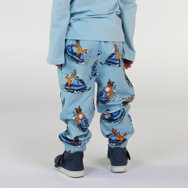 Boy wearing Smafolk organic Sweatpants- snowmobile, stratosphere blue