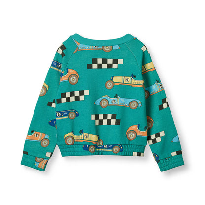 Småfolk Organic Boys' Sweatshirt- Race Cars, Teal