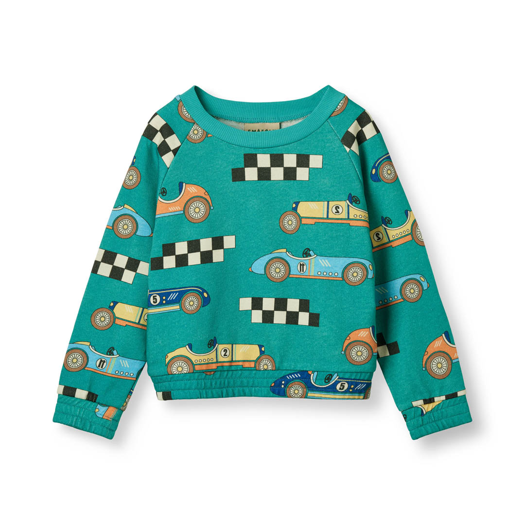 Småfolk Organic Boys' Sweatshirt- Race Cars, Teal