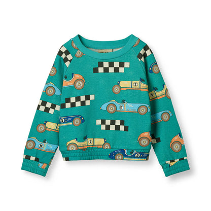 Småfolk Organic Boys' Sweatshirt- Race Cars, Teal