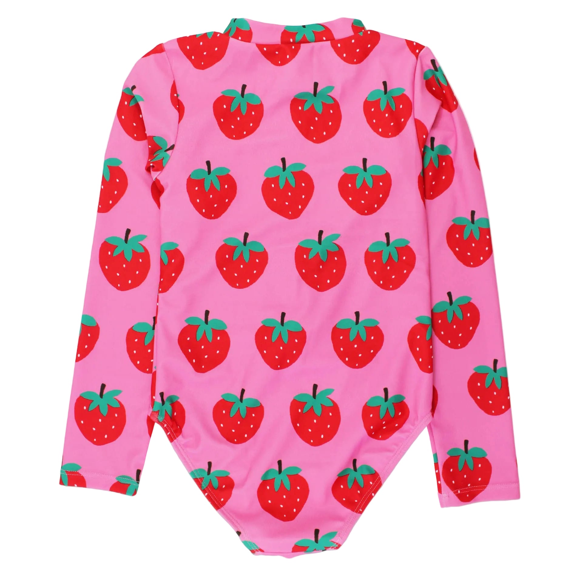 Pink swimsuit with red strawberry pattern on a white background