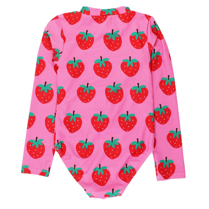 Pink swimsuit with red strawberry pattern on a white background