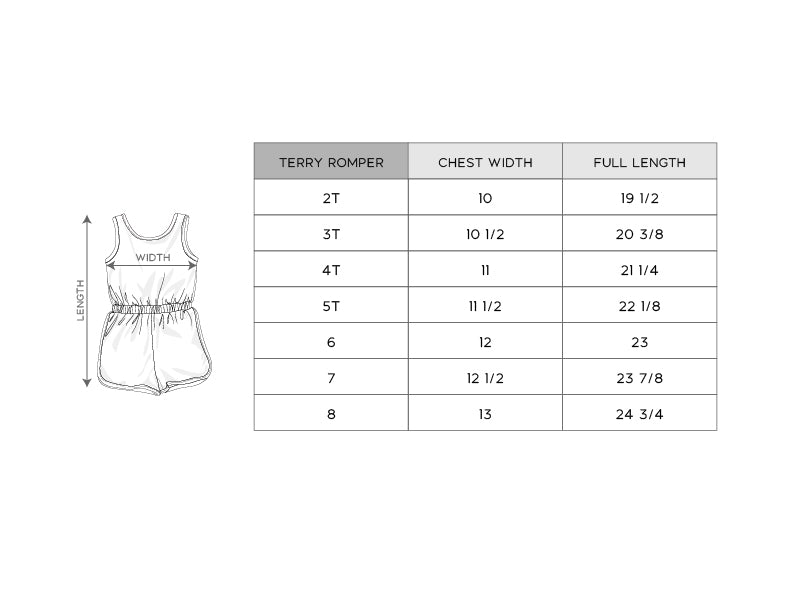 Size chart for a terry romper with measurements in inches.