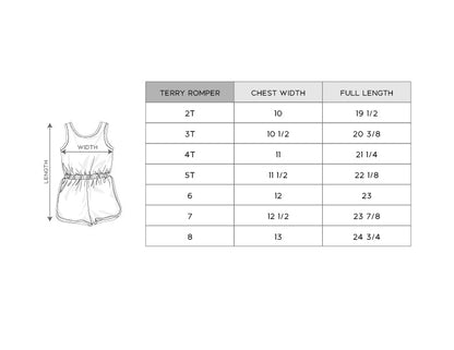 Size chart for a terry romper with measurements in inches.