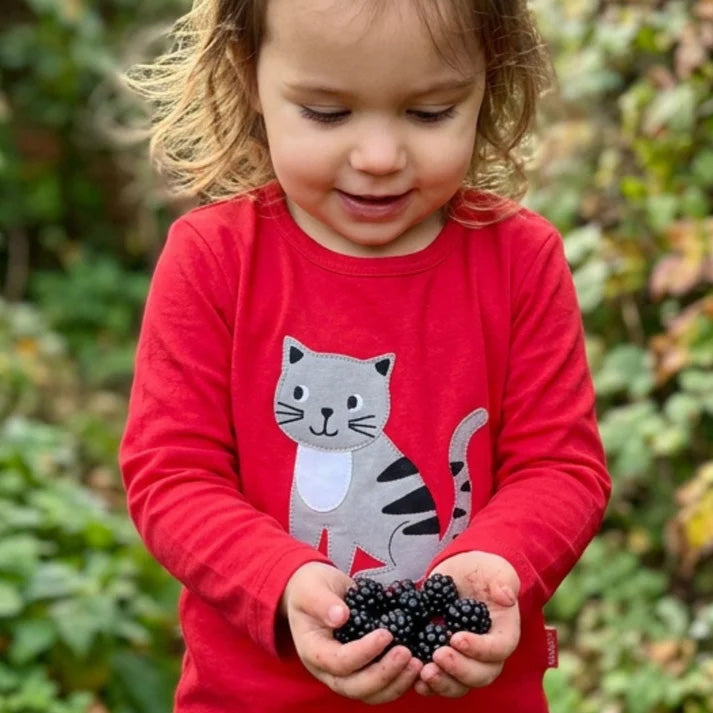 Toby Tiger Organic Cotton Long Sleeve T-Shirt - Cat Appliqué