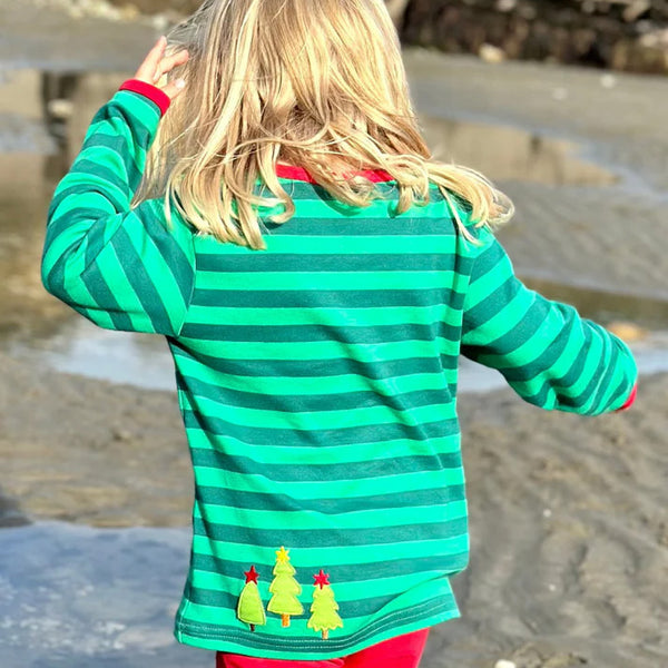 Girl wearing Toby Tiger organic Long sleeved t-shirt: Christmas bear appliqué