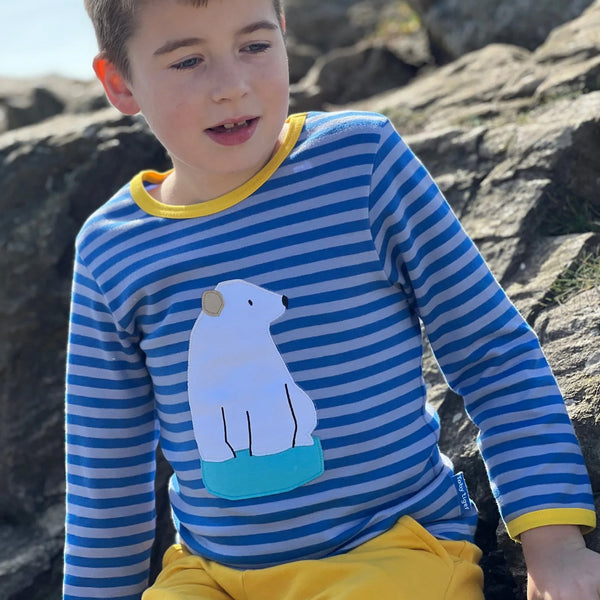 Boy wearing Toby Tiger organic Long sleeve t-shirt- polar bear appliqué