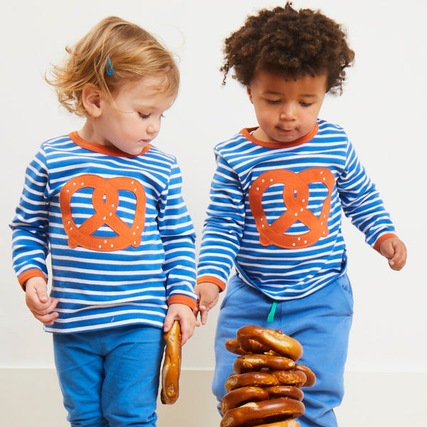 Babies wearing Toby Tiger organic Long sleeve t-shirt- pretzel appliqué