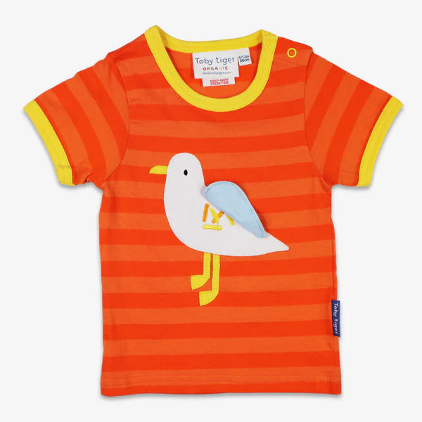 Toby Tiger organic Short sleeve t-shirt: seagull appliqué, closeup