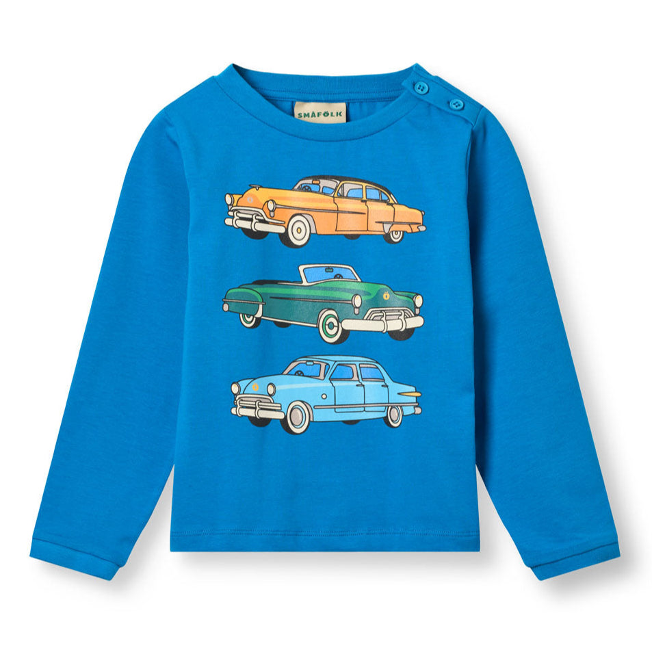 Småfolk Organic Long Sleeved Boys' T-shirt- Cars, Brilliant Blue
