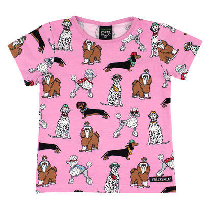 Girls Organic Cotton Short Sleeve Tee - Funky Dogs Blossom Pink | Villervalla