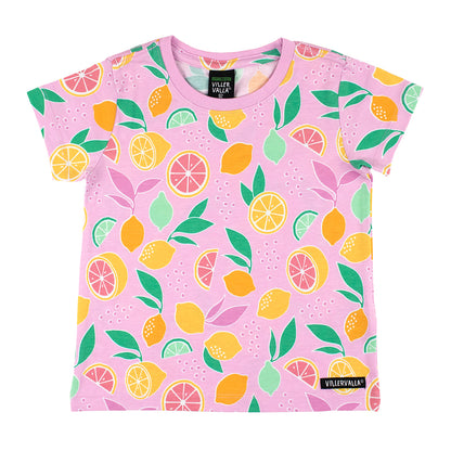 Girls Organic Cotton Short Sleeve Tee – Lemon Print Lily Pink