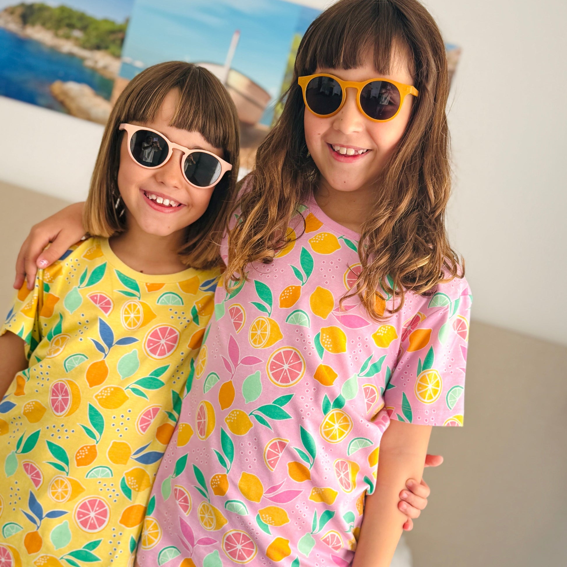 Girls Organic Cotton Short Sleeve Tee – Lemon Print Lily Pink