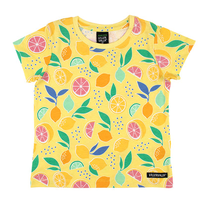 Organic Cotton Kids Short Sleeve Tee – Lemon Print Banana Yellow
