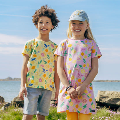 Organic Cotton Kids Short Sleeve Tee – Lemon Print Banana Yellow