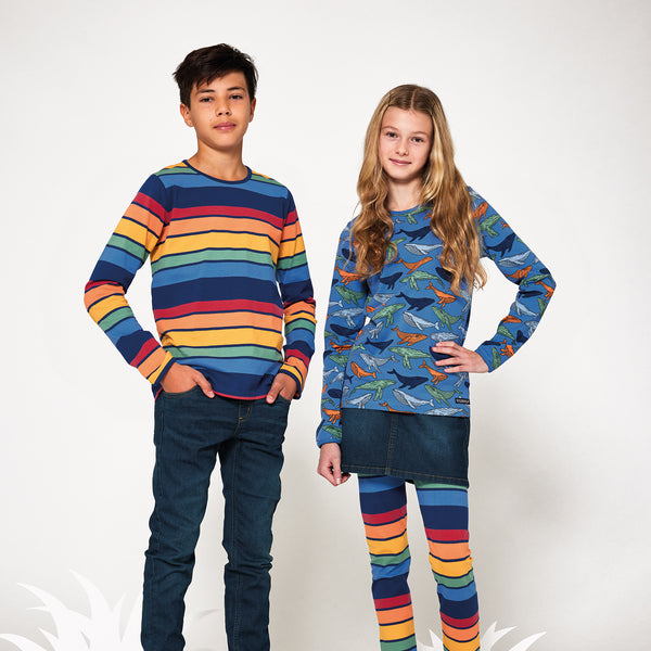 Boy wearing Villervalla organic Long sleeve top- Chamonix stripe