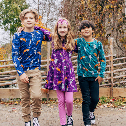 Villervalla Organic Kids' Long Sleeved Top- Animals, Dahlia Purple