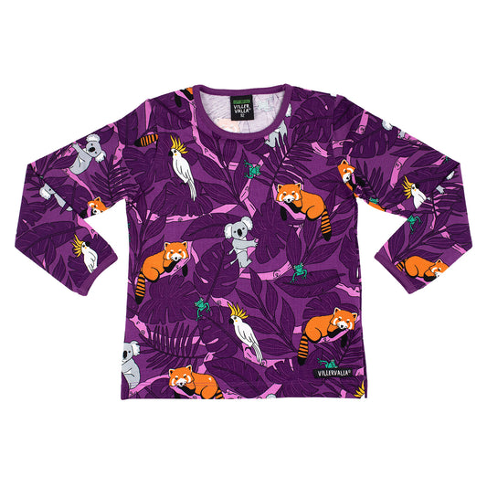Villervalla Organic Kids' Long Sleeved Top- Animals, Dahlia Purple