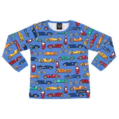 Villervalla Organic Kids' Long Sleeved Top- Race Cars, Nautic Blue