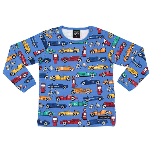 Villervalla Organic Kids' Long Sleeved Top- Race Cars, Nautic Blue