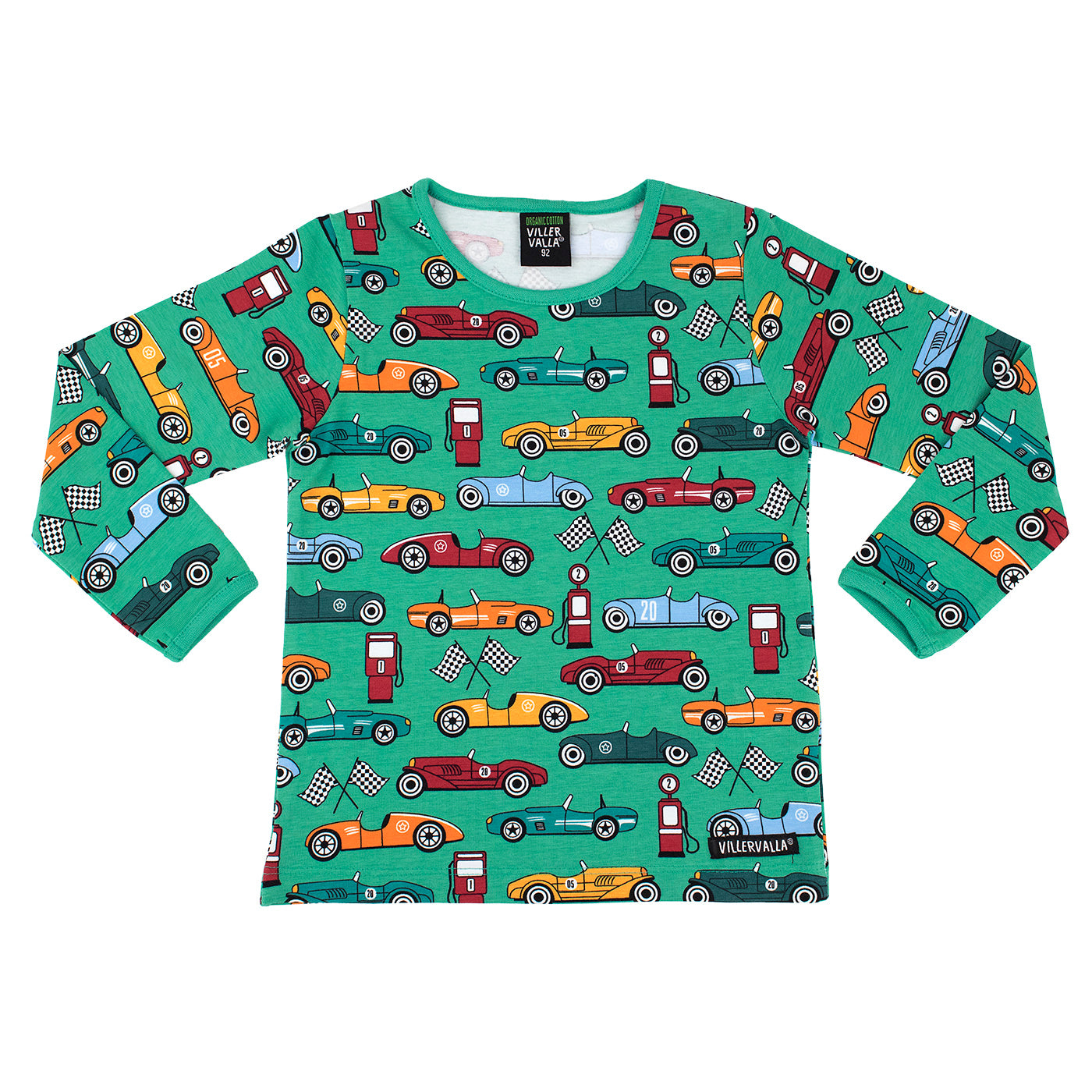 Villervalla Organic Kids' Long Sleeved Top- Race Cars, Verdant Green