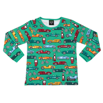 Villervalla Organic Kids' Long Sleeved Top- Race Cars, Verdant Green