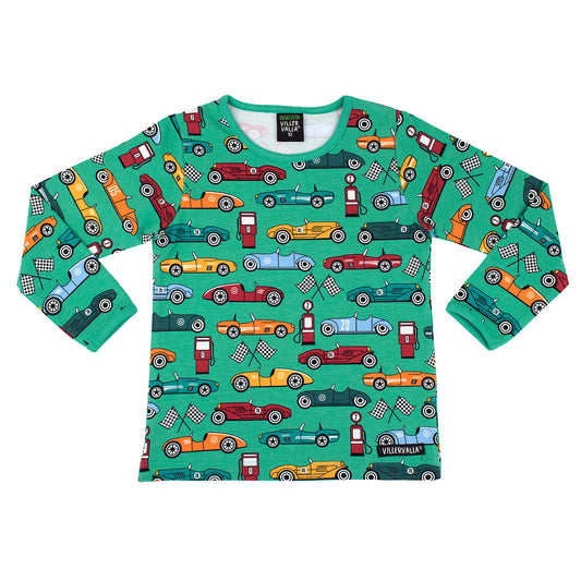 Villervalla Organic Kids' Long Sleeved Top- Race Cars, Verdant Green