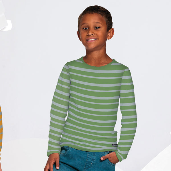 Boy wearing Villervalla organic Long sleeve top- stripes, moss/fossil