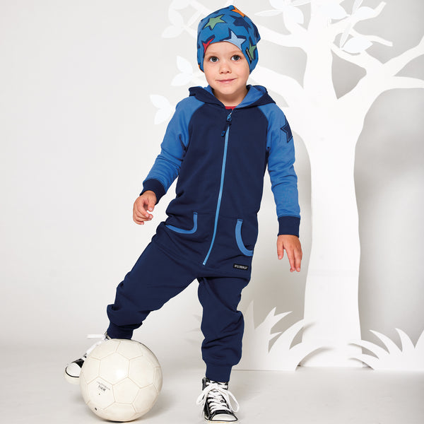 Boy wearing Villervalla organic Pants- pacific blue