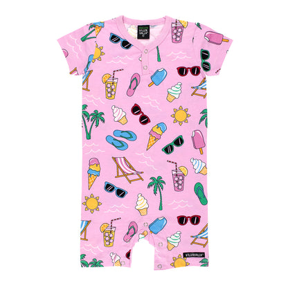 Villervalla Organic Cotton Short Sleeve Baby Romper – Summer Day Lily Pink 