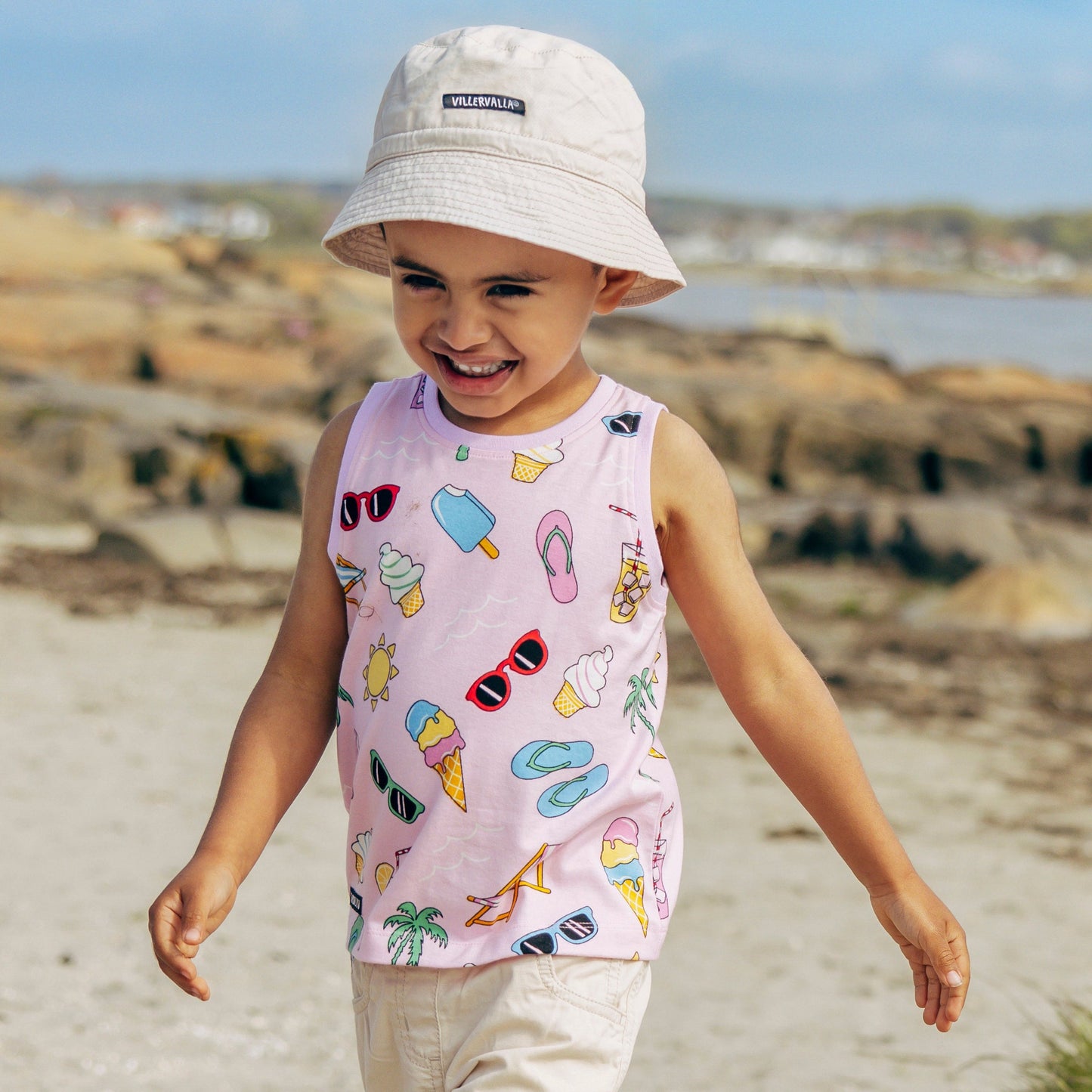 Organic Cotton Kids Tank Top – Summer Day Print Banana Yellow | Villervalla