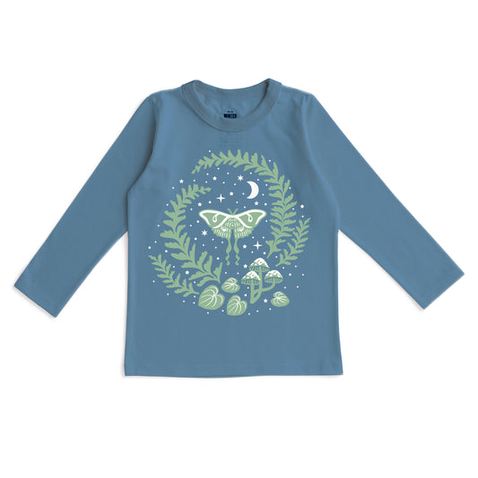 Winter Water Factory Organic Kids' Long Sleeved Tee- Lake Blue Luna Moth