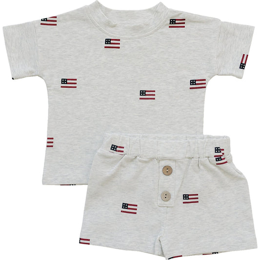 Cotton Button Short Set - Flags