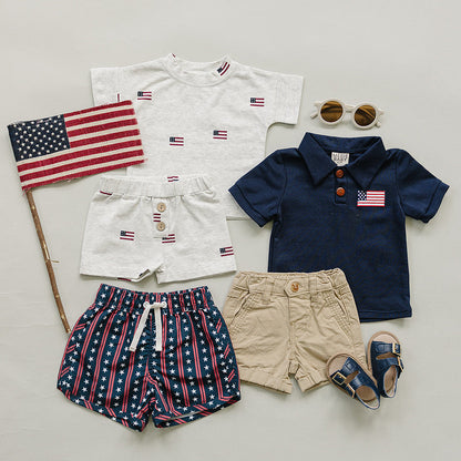 Cotton Button Short Set - Flags