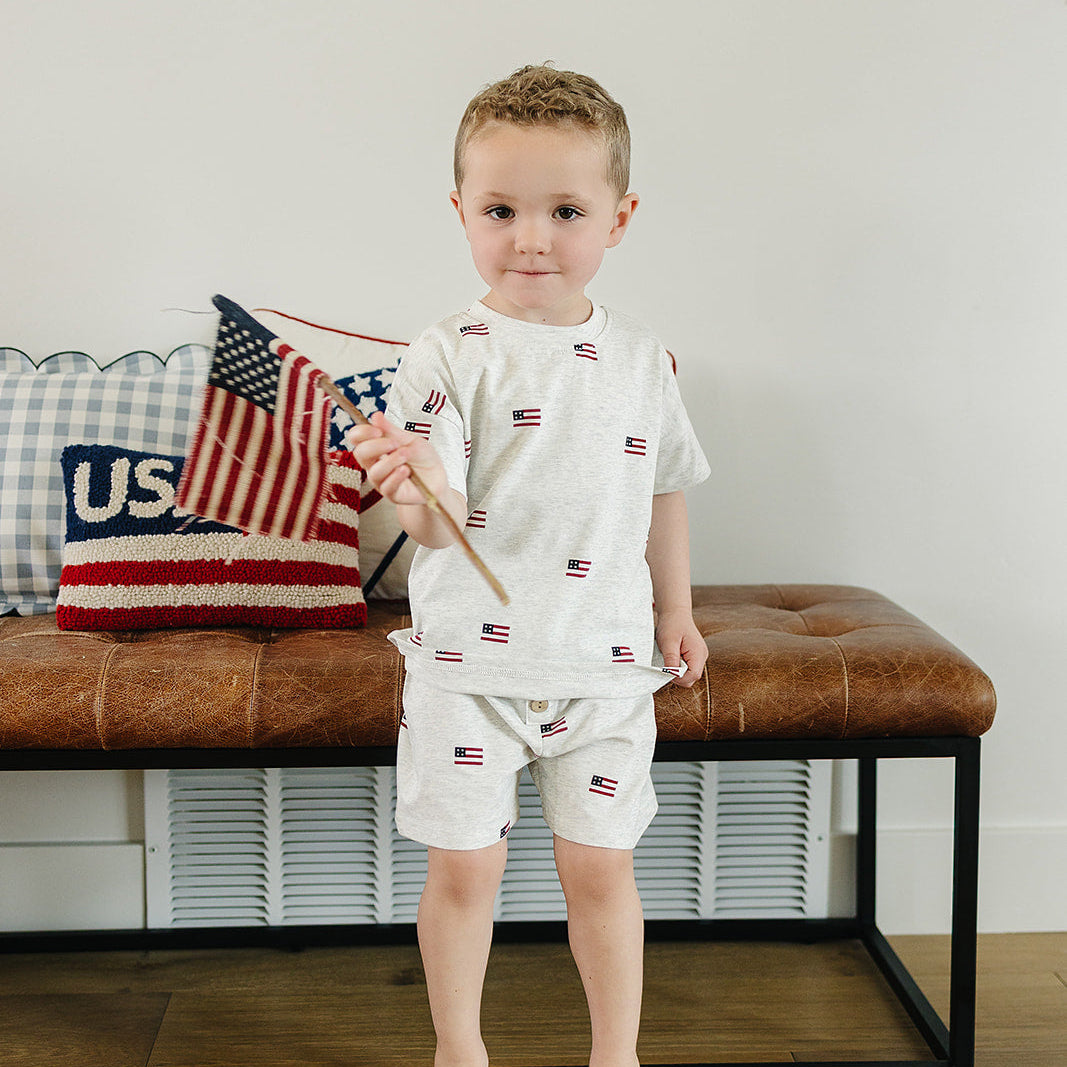 Cotton Button Short Set - Flags