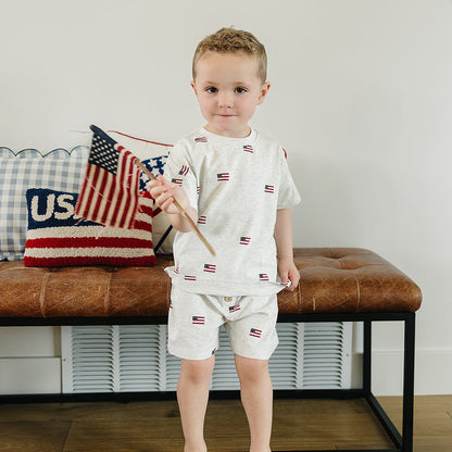 Cotton Button Short Set - Flags