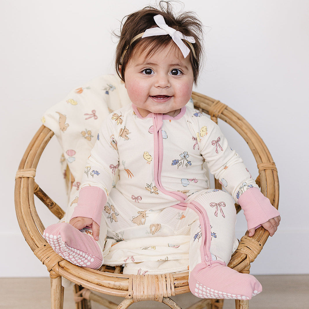 Pink Bunny Bamboo Zipper Footie - Spring Baby Pajamas