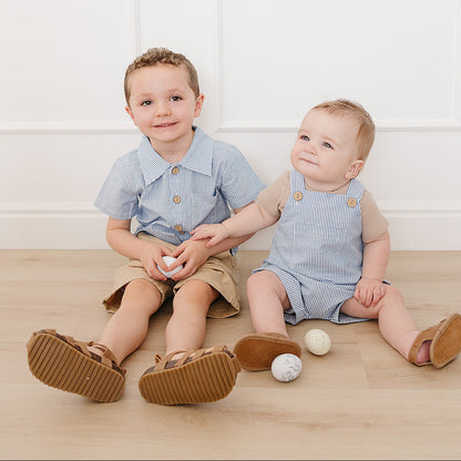 Blue Stripe Short Linen Overalls for Baby & Toddler | Mebie Baby 