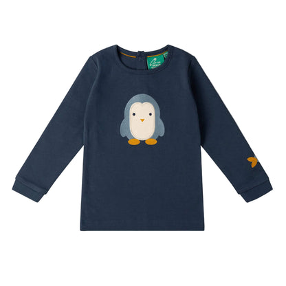 Little Green Radicals Organic Cotton Long Sleeve T-Shirt - Blue Penguins Appliqué