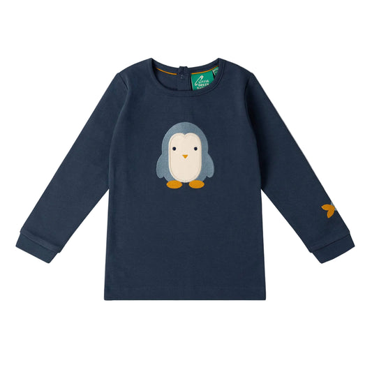Little Green Radicals Organic Cotton Long Sleeve T-Shirt - Blue Penguins Appliqué