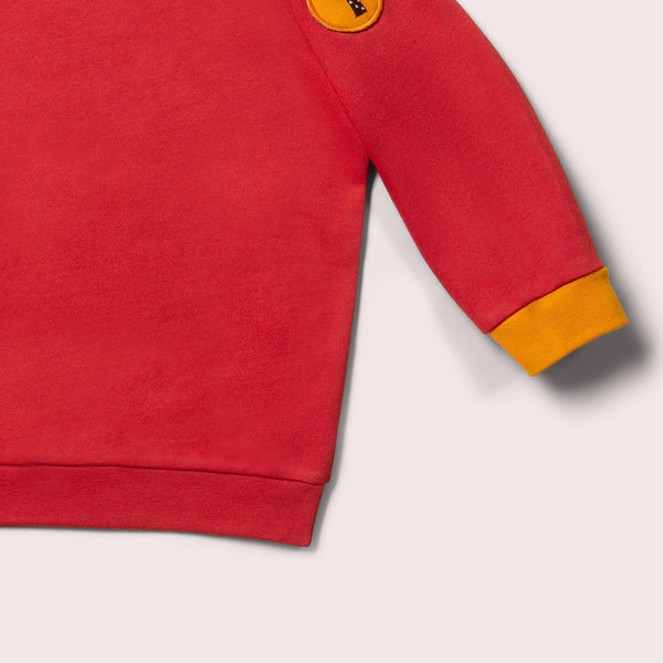 Little Green Radicals organic Raglan sweatshirt- soft red, closeup