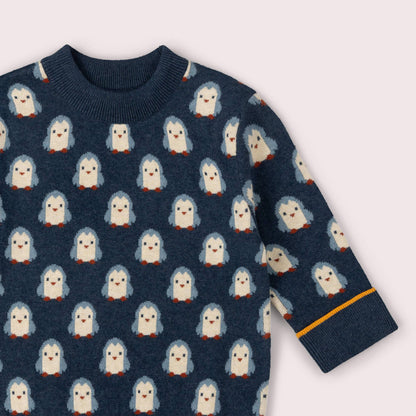 Little Green Radicals Organic Cotton Knitted Sweater - Blue Penguins