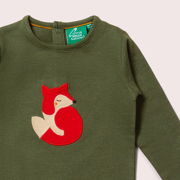 Little Green Radicals organic Long sleeved t-shirt- fox appliqué, closeup