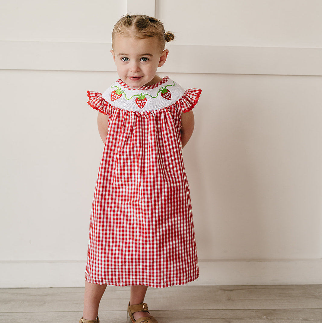 Girls' Cotton Gingham Strawberry Dress with Bloomers