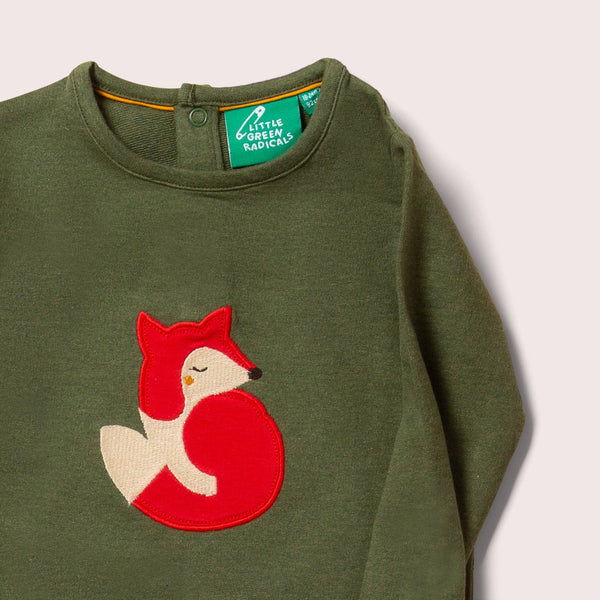 Little Green Radicals organic Long sleeved t-shirt- fox appliqué, closeup