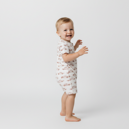 Organic Short Zip Romper - Cars