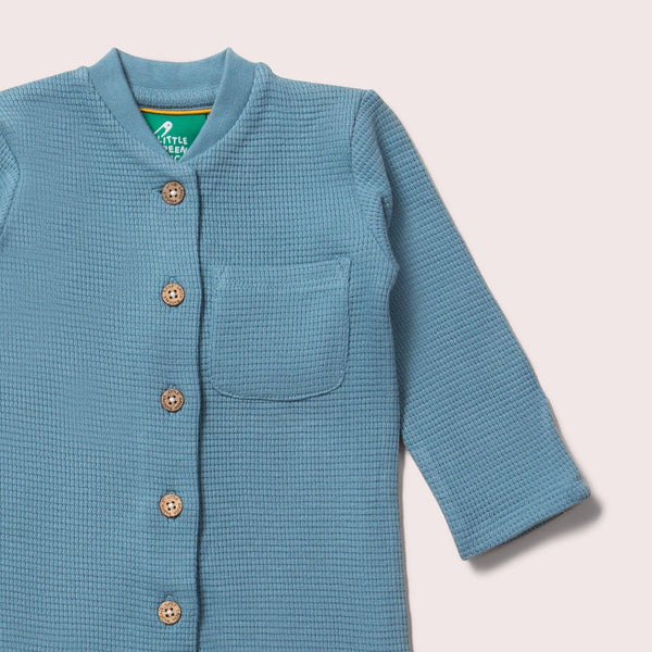 Little Green Radicals organic Waffle playsuit- dreamy blue, closeup