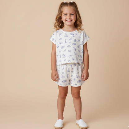 Organic Cotton Drop Shoulder Tee & Shorts Set - Coastal