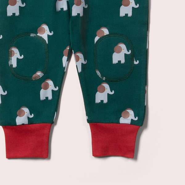 Little Green Radicals organic Cozy joggers- elephants, closeup