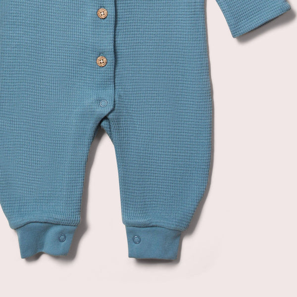 Little Green Radicals organic Waffle playsuit- dreamy blue, closeup